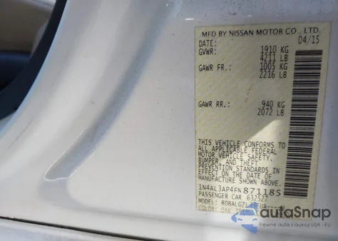 2015 Nissan Altima 2.5 S from USA, damaged, VIN 1N4AL3AP4FN871185